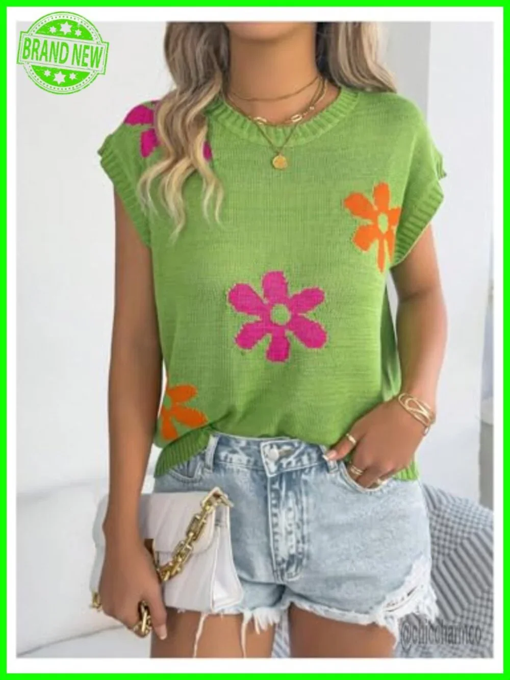 Short Sleeve Lightweight Knit Sweater Floral Print Loose Fit Pullover